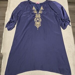 Lilly Pulitzer Silk Dress XL Navy Blue Gold Embroidery V Neck Bryce Tie Sleeve